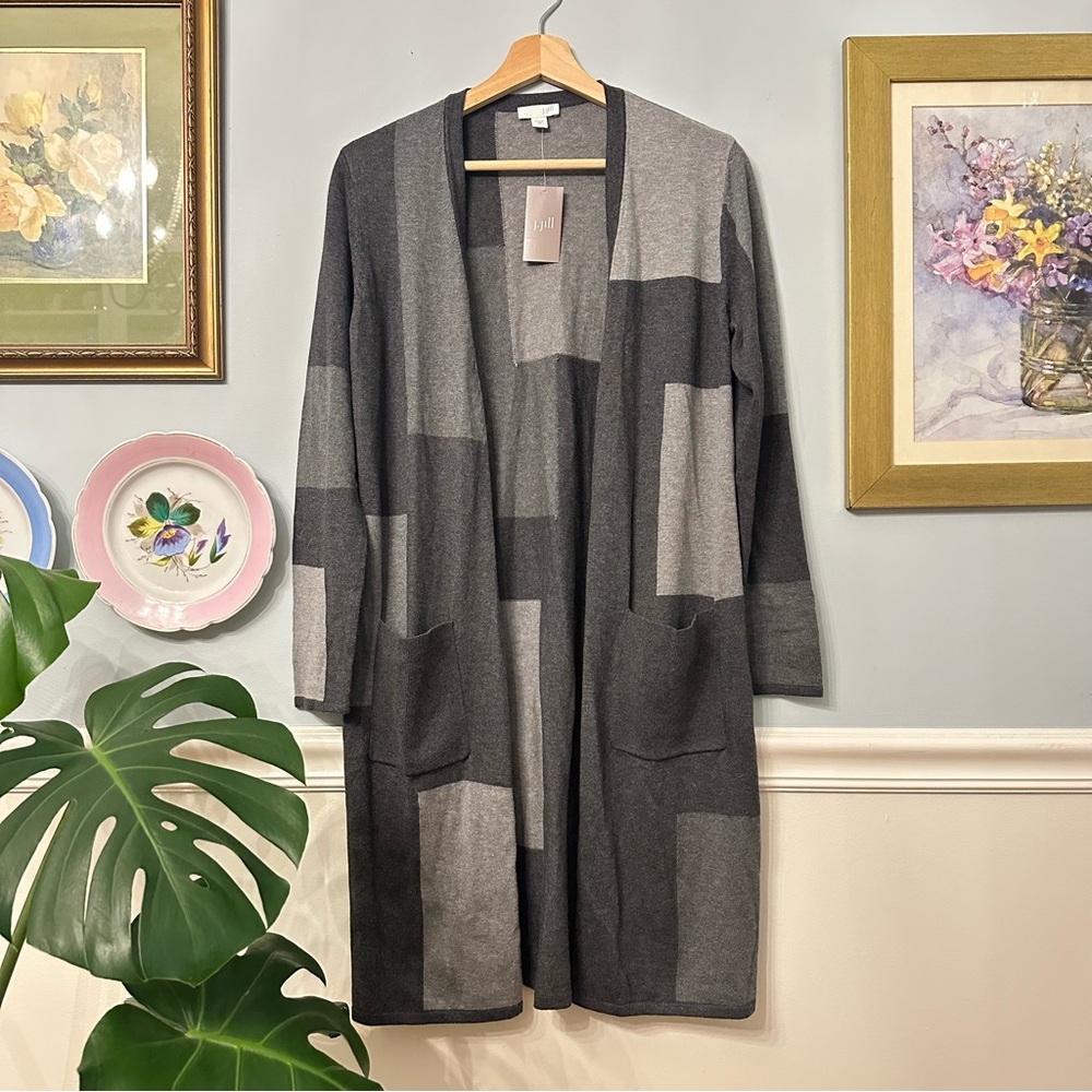 J Jill Gray Open Front Long Cardigan Sweater Size XS Colorblock Patchwork Travel